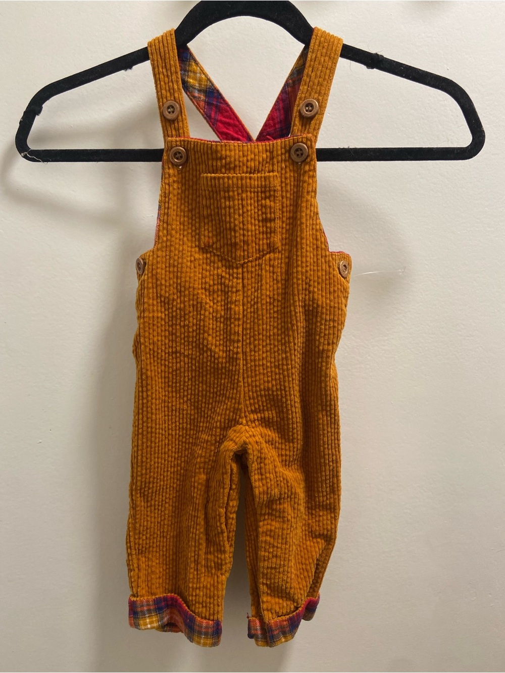 Tahari Mustard Corduroy Kids Overalls with Plaid Trim